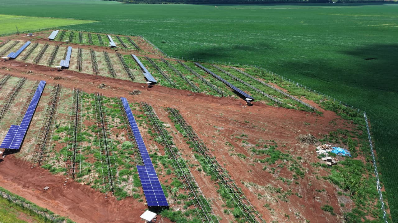 Múltiplas fileiras de painéis solares em campo aberto