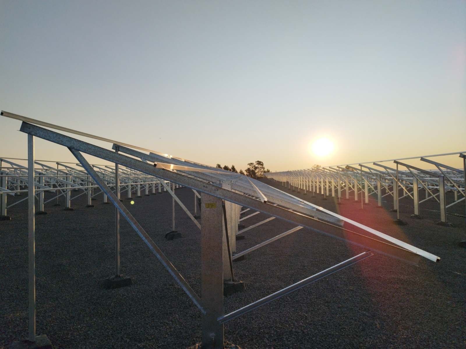 Fileiras organizadas de painéis solares sob céu claro